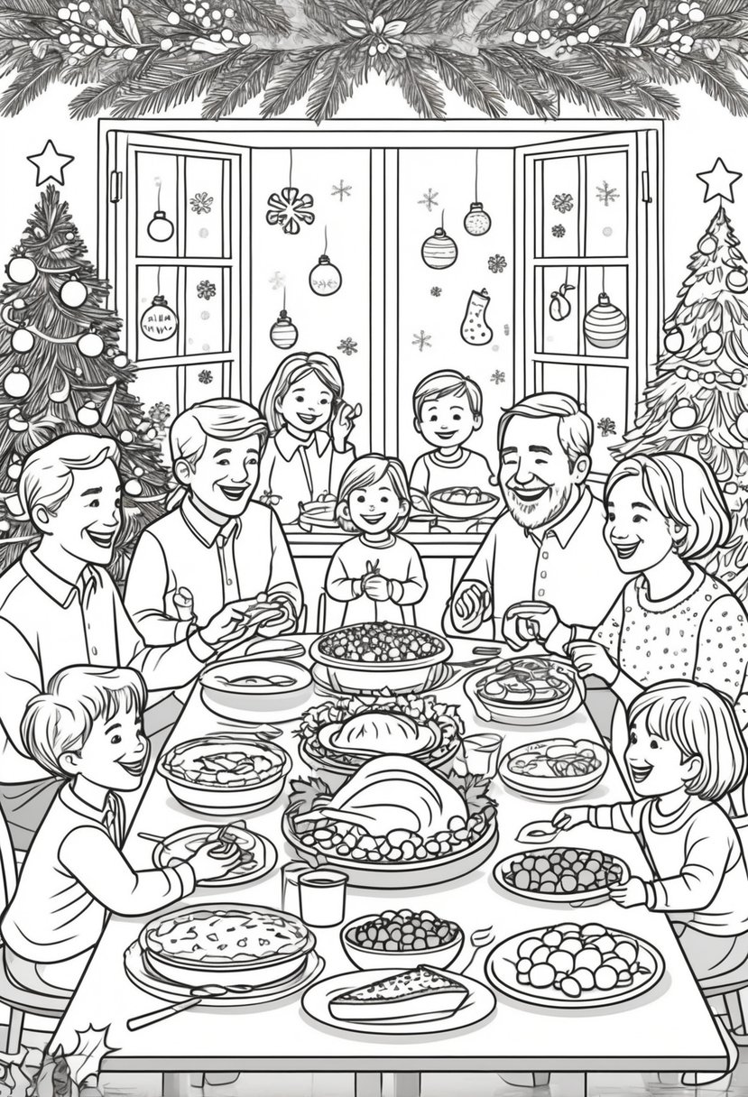 Family Coloring Pages 16 Fun and Creative Designs for All Ages 26 A family of different ages gathered around a table with holiday food, a decorated Christmas tree nearby, and festive decorations in the background.